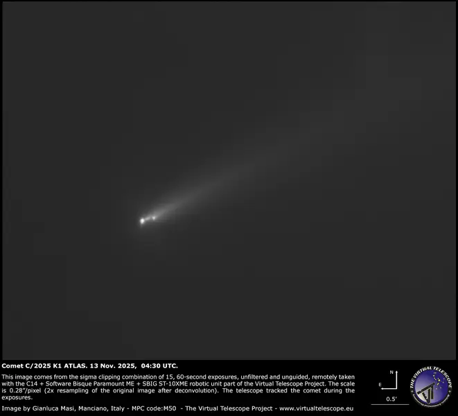 دنباله‌دار C/2025 K1 ATLAS: چندین قطعه قابل رؤیت است. ۱۳ نوامبر ۲۰۲۵