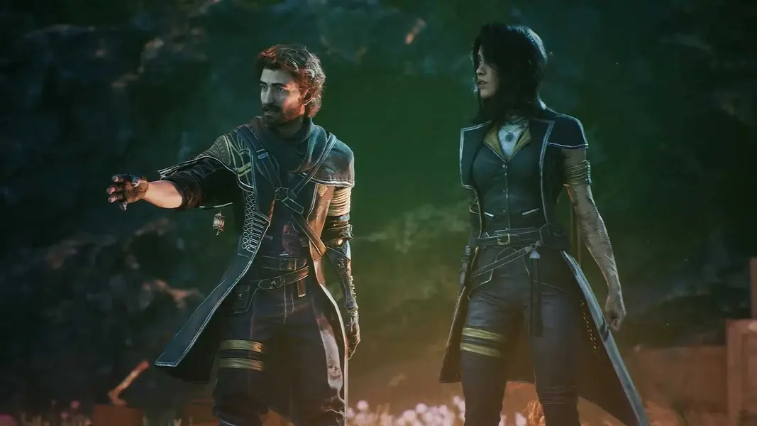 گاستاو و لونه به‌صورت دراماتیک در تصویر کلیدی بازی Clair Obscur Expedition 33 ایستاده‌اند