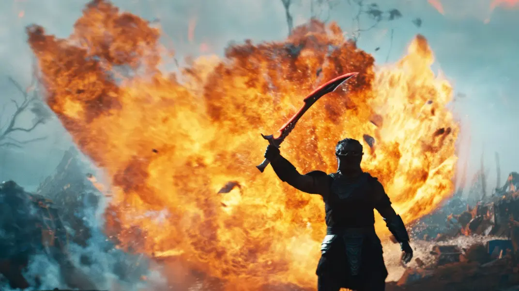 دیمیتریوس شوستر-کولوماتانگی در صحنه‌ای از فیلم «غارتگر: بدلندز»