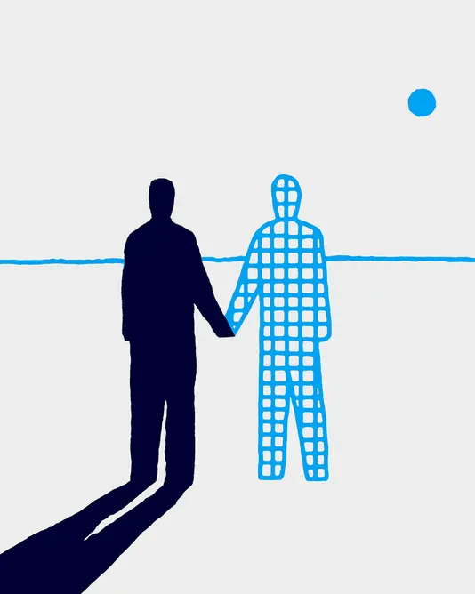 تصویری با دو شکل انتزاعی که دست هم را گرفته‌اند، یکی سایه‌ای تیره با سایه‌ای بلند و دیگری شبکه‌ای آبی که سایه‌ای ندارد، روی زمینه سفید