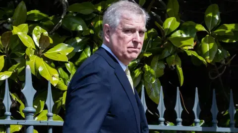 عکس گتی ایمیجز از اندرو مانتبیتن‑ویندسور که در فضای باز، با کت و شلوار، در روز آفتابی به دوربین نگاه می‌کند؛ نرده‌ها و بوته‌کاری در پس‌زمینه